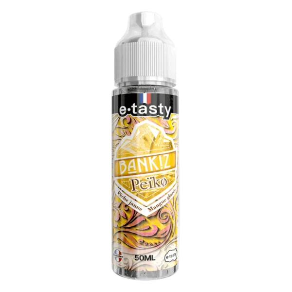 Peïko, e-liquide pêche jaune et mangue glacée d’e.tasty, gamme BANKIZ, flacon de 50 mL