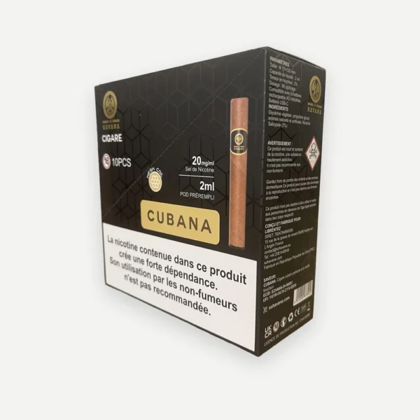 Boite de 10 cartouches Cubana XO Havana, panneau reglementaire : composition, dosage et avertissement sanitaire